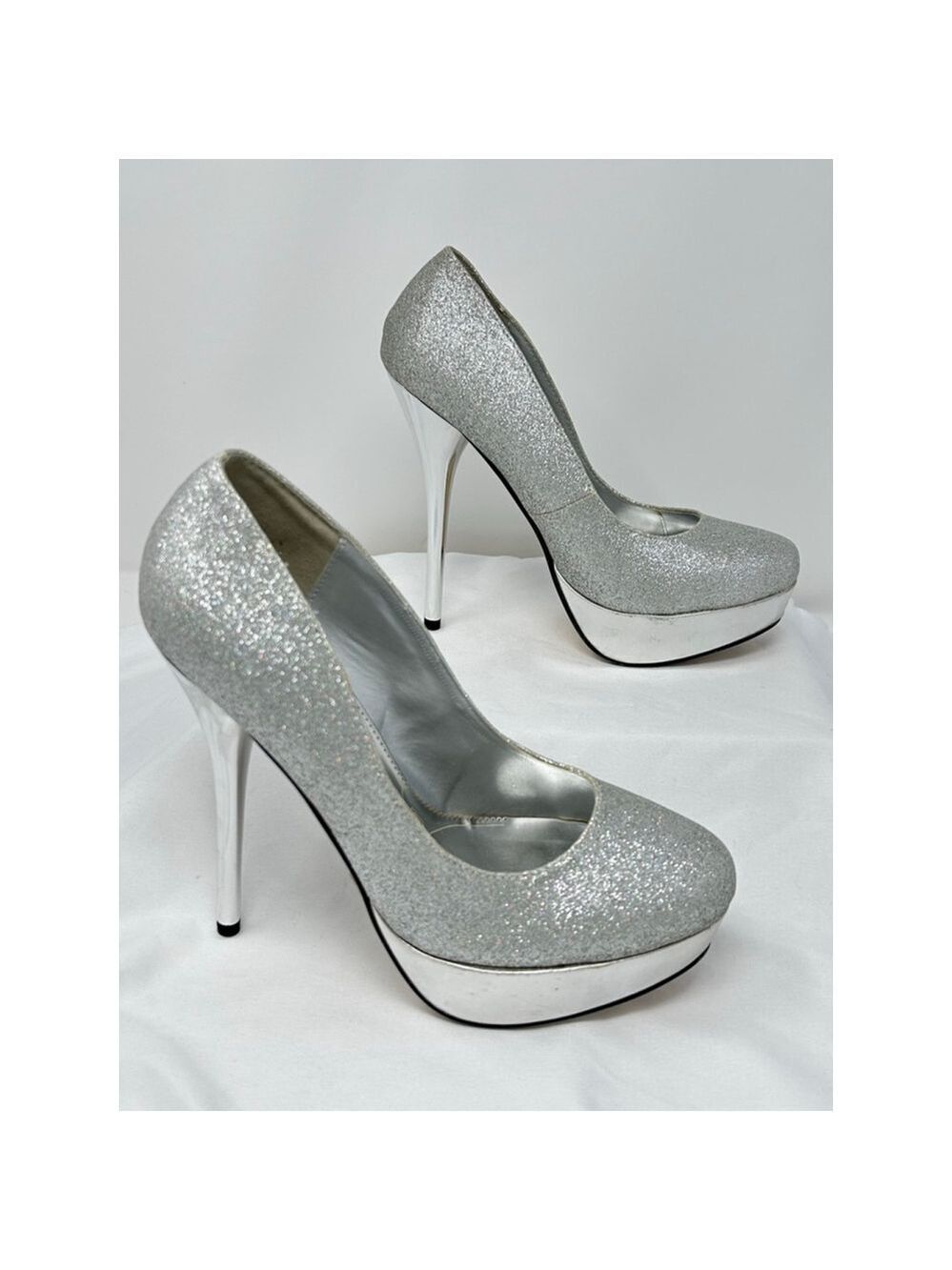 Lasonia Silver Glitter Platform Heels Sz 10 5.5” Metallic Party Shoes